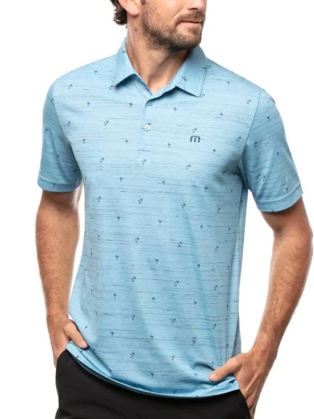Travis Mathew Polo Mens XL Golf Shirt Blue Palm Tree Print Outdoor Activewear